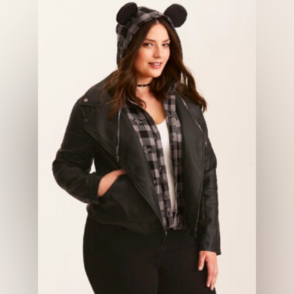Disney Torrid Plus Size Mickey Moto jacket w/ flannel buttons and hood, size 3.